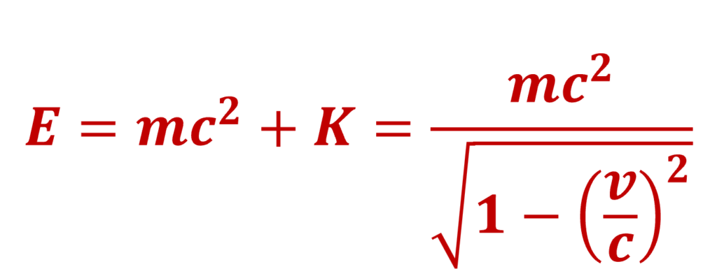 粒子の総エネルギーを表す相対論的な式。「E = mc² + K = mc² / √(1 - (v/c)²)」と記されており、Eは総エネルギー、mc²は静止エネルギー、Kは運動エネルギー、vは粒子の速度、cは光速を表す。